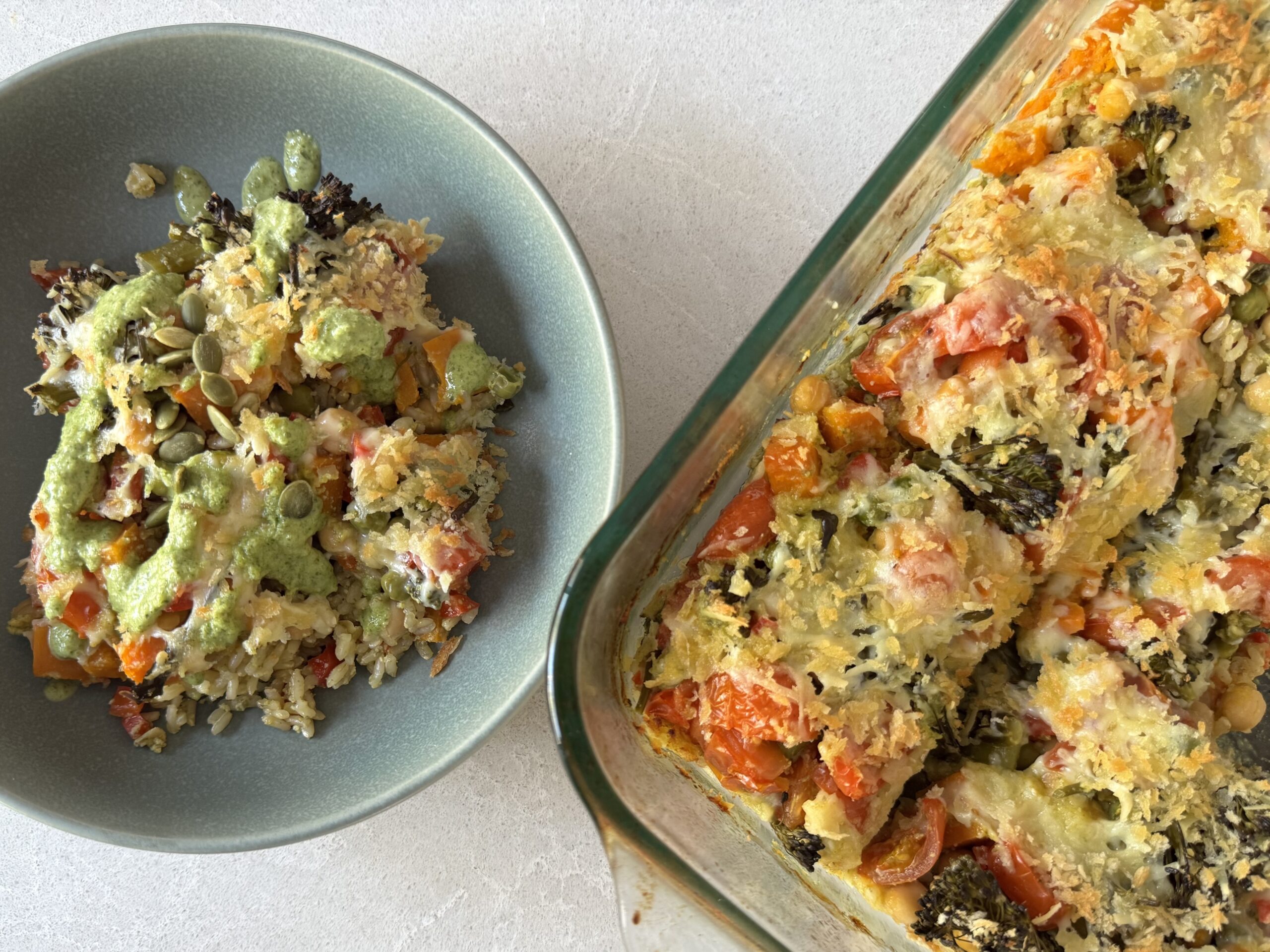 One Pan Veggie Pesto Rice Bake