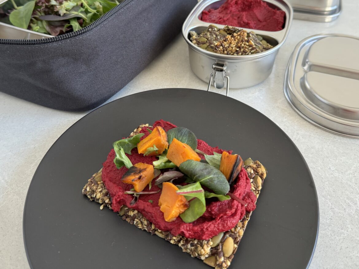Seed Cracker Slices with Beet Hummus