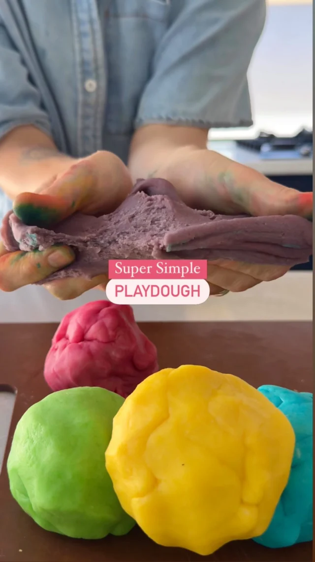 🌈 SUPER SIMPLE PLAYDOUGH 🌈

This is such a fun, cheap, and easy playdough recipe your little ones will be sure to love. And it lasts ages!!

INGREDIENTS:
2 cups/300g of plain flour
3/4 cup/200g of salt (we used regular table samt)
4 tsps of cream of tartar
2 cups/500ml of lukewarm water
2 Tbsp of oil (we used sunflower)

To add the optional colours we added food colours and also mixed them to make other colours eg for purple we added red & blue, for green we mixed blue & yellow. 

HOW TO:
1. Add the flour, salt, and cream of tartar to a large pot, gently stirring to mix the ingredients together. 
2. Then add the water and oil.
3. Place the pot over medium heat and stir continuously, it will thicken quickly (3-4 minutes) and become a large ball. 
4. Scoop the mix out onto a large chopping board and allow to cool for a couple minutes before kneading slightly to form into a large log shape. 
5. Cut in to however many colours you’re after, rolling each to form a ball. Then press a small hole using your finger as a space to add a few drops of each of your food colourings. 
6.  Let it cool slightly, then knead until smooth. For multiple colors, divide the dough into portions and place each in a quart-sized bag. Add about 5 drops of color to each bag (adjust for brightness if needed). Knead inside the bag to avoid staining your hands. Once well mixed, it’s ready for play!

NOTES:
🫙 Store in an airtight container for 3+ months (ours lasted 6 months). If it feels a little dry, add a couple of drops of water & knead in. 

👃 You can add smells by adding a couple of drops of peppermint oil, 1/2 tsp of cinnamon, or other options (however if doing this make sure your little ones old enough that they won’t eat it!)

🌈 If you’re only using one colour you can add that in with the water at the beginning of the recipe. 

👋 If you don’t want stains on your hands use gloves or mix in individual zip lock bags (however with a few washes the dye comes off) 
.
.
#playdough #toddler #kidsactivities #sensoryplay #playtolearn