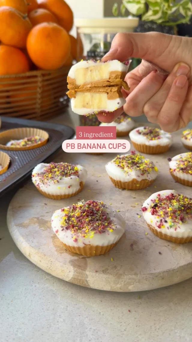 If you’re after a really simple recipe to stock the freezer with, then this ones it. It’s one of those simple “wake-up” snacks… but really this one’s an any time of the day snack. It has healthy fats, a little protein, and some carbs to help ease off toddler hanger meltdowns 🤣😅

🍌 3-INGREDIENT PB BANANA CUPS 🥜

Vegan 🌱 Makes 12 mini cups 👶 12+ months

INGREDIENTS:
1 large ripe banana, cut into 12 slices 
12 Tbsp of nut or seed butter (we used a 100% natural peanut one)
12 Tbsp plain coconut yogurt (unsweetened)
Optional to top: 1–2 Tbsp of seeds or natural sprinkles (we used homemade sprinkles)

HOW TO:
1. Line a muffin tray with cases or silicone moulds.
2. Add 1 Tbsp of nut butter to the base of each cup, spreading with a spoon to cover the base.
3. Gently press a banana slice on top of the peanut butter.
4. Spoon 1 Tbsp of coconut yogurt over each banana slice to cover.
5. Optional: sprinkle the tops with seeds or sprinkles. 
6. Freeze for at least 2 hours or until solid. 
7. Remove from the freezer and liners, then allow it to sit for 5–10 mins before serving to soften slightly (serve whole for older toddlers or slice in half)

Store in an airtight container in the freezer for up to 2 months.
.
.
.
.
#babysnack #toddlersnacks #weaning #blw #snacks