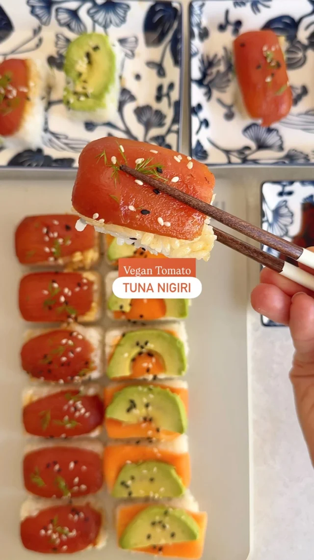 🍣 VEGAN TOMATO TUNA NIGIRI 🍣 

You guys loved the viral ice cube tray sushi/nigiri hack we shared back in 2023, but I never liked having to use cling film to get them out. So the hack is back and better than ever, without any single-use plastic and with an even better “tuna” topping made from marinated tomatoes. This one’s great for getting kids who pick the nori off their sushi to try sushi in a different form! 

Simply spray the 25ml @seedandsproutco silicone moulds with olive oil (this helps them release easily and stops the rice sticking), add your toppings, press in the rice (optionally add squares of nori if you like), chill for 30 minutes to firm up, then flip, press and enjoy the perfect bite-sized pieces (cut in half for kiddos!). Bonus - you can get 10% off Seed and Sprout using LVE10 🥳

If you’d like the tomato tuna nigiri recipe, it’s up on my website now (linked in bio), or comment “YUM” and I’ll send it to you 🍣🫶🏻
.
.
.
.
.
#sushi #nigiri #weaning #kitchenhack #pickyeaters