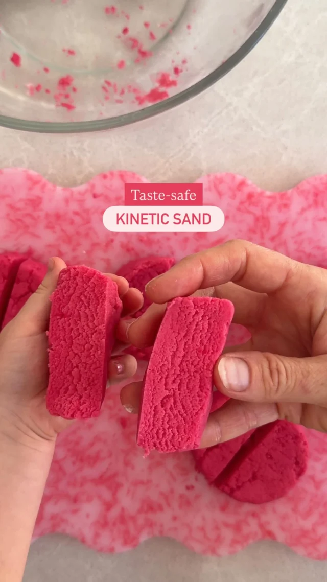 🌈 SUPER SIMPLE TASTE-SAFE KINETIC SAND 🌈

If you’re looking for kid safe kinetic sand - this is it! It might not have the silicone binder that store bought has which gives a stretchy effect, but it’s made with 5 simple ingredients, that still gives it the ability to be squished and moulded while holding its shape and it crumbles like sand. It’s fun, cheap, and so easy to whip up… plus your little ones will love it!

INGREDIENTS:
1 cup baking soda
1/2 cup sugar
3/4 cup cornflour 
1 Tbsp cream of tartar
1/4 cup of water
1 tsp food colouring (optional)

HOW TO:
1. Add the baking soda, sugar, cornflour, and cream of tartar to a large bowl, and stir  everything together.
2. In a small cup, mix your food colouring & water (if you’re using food colouring).
3. Add 2 Tbsp of the water into the dry mix and whisk together. If its still too powdery and doesn’t clump in your hands, add 1 Tbsp more of the water, and stir again. Repeat up to the full 1/4 cup of water, squishing with your hands to mix it in and get the right texture (note if you get heavy handed with the water, counterbalance it by adding equal parts cornflour & sugar, 1 Tbsp of each at a time)
4. Enjoy!

NOTES:
🫙 Store in an airtight container in the fridge for 4–6 weeks. If it dries out a little, add 1–2 tsp of water and mix it through with your hands.

🌈  you can make the colour brighter by adding a few extra drops into the water at the beginning.

👶 whilst this recipe is taste-safe, make sure to supervise little ones closely as it’s not for eating by the handful. 
.
.
.
.
.
#kineticsand #toddler #kidsactivities #sensoryplay #playtolearn