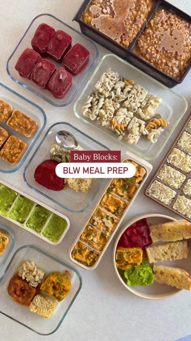 👶🏼 BABY BLOCKS: The ultimate way to bulk prep baby food 🙌🏼

You guys loved “Duplo Dinners” so here’s “Baby Blocks” - something that is going to save you time, money, and your sanity, because cooking a variety of foods every day for a baby isn’t always possible.

This is a simple way to prep and freeze multiple components separately: grains, sauces, proteins, and veggies… like building blocks you can mix and match to create multiple different meals for your baby.

You can do this by filling freezer moulds (ours are from @seedandsproutco) with leftovers when you cook a meal for the family (make sure it’s in safe sizes and free of salt, sugar, chilli, and caffeine). 
I find 4 x 50 ml blocks work really well for baby led weaning. Pick what you want, pop them into your glass container, defrost in the fridge overnight or in a pan, and warm it up however you like.

The dishes below work well thinned out as a sauce with pasta or rice, as a puree for scooping, or as a dip with bread. You can also use our favourite trick to increase flavour tolerance: our veggie bean mash, which helps dilute stronger flavours like curry while your baby’s taste buds adapt.

The recipes I made here are:
🍛 Lentil Dahl
🫜 Creamy Beet and Cashew Sauce
🎃 Roasted Pumpkin with white bean and broccoli mash
🫛 Pea and Edamame Spread
🍚 Quinoa with Rice (such a good way to introduce quinoa mixed with rice)
🍝 Iron fortified baby pasta 

Let’s get the freezers stocked. If you’ve got any ideas I’d love to hear them ⬇️ and if you want these recipes pop “BLOCKS” below and I’ll message you ☺️
.
.
.
#mealprepping #mealprep #blw #veganblw #weaning